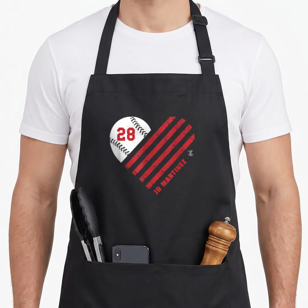 Martinez striped apron - Distressed heart made of white baseball with number 28 and red diagonal stripes below JD — shown on a black cotton canvas apron against a white background