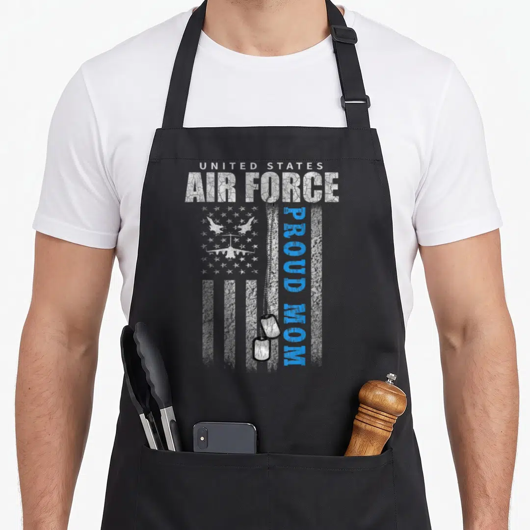 Force flag us aprons - Distressed US Air Force text with planes and dog tags on grey background — shown on a black cotton canvas apron against a white background