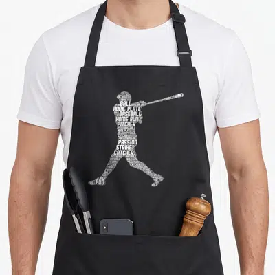 Funny player baseball apron - White typography silhouette of a baseball player formed by words like PITCHER, STRIKE — shown on a black cotton canvas apron against a white background