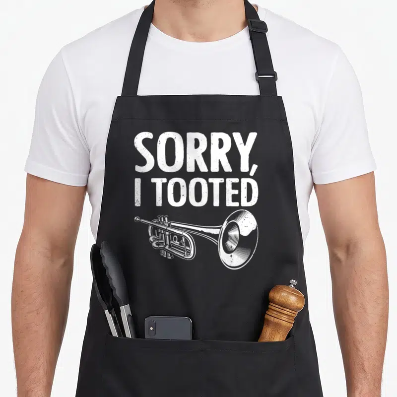 Cute player trumpet apron - White distressed text sorry i tooted above trumpet illustration — shown on a black cotton canvas apron against a white background