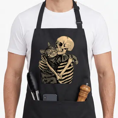 Skeleton cat in an apron - Line art of a skeleton hugging a striped tabby cat in beige and black ink — shown on a black cotton canvas apron against a white background