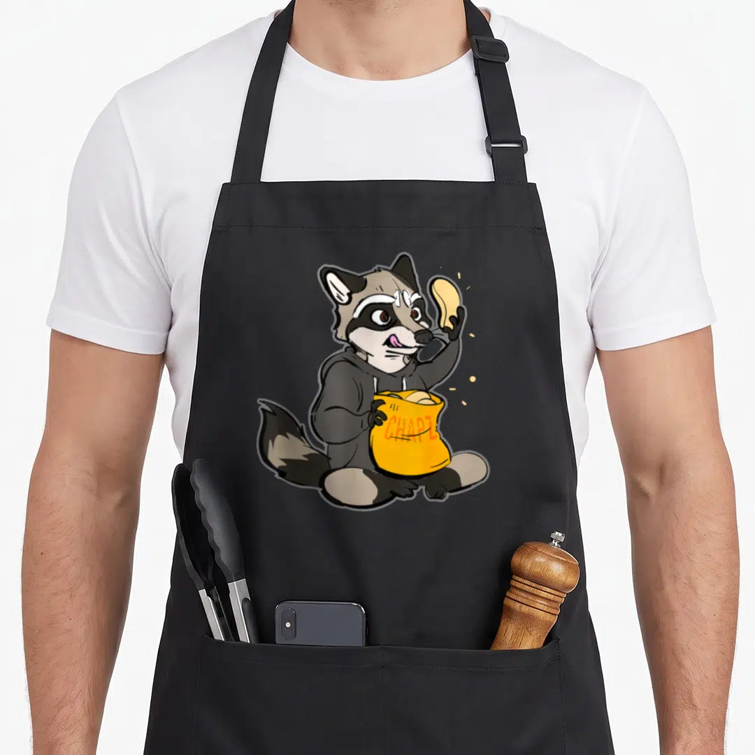Raccoon larping apron - Cartoon raccoon in hoodie holding yellow Chapz chip bag — shown on a black cotton canvas apron against a white background