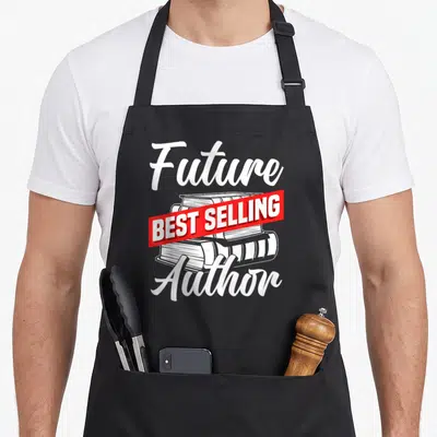 Writer selling aprons - Future Best Selling Author text over white books and red banner — shown on a black cotton canvas apron against a white background