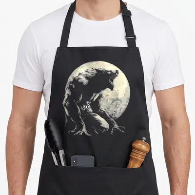 Howling halloween apron - Realistic werewolf howling at a large beige full moon illustration — shown on a black cotton canvas apron against a white background