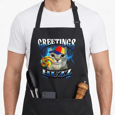 Greeting huzz cat apron - Cat wearing cap and holding rainbow lollipop with GREETINGS HUZZ text and blue lightning bolts — shown on a black cotton canvas apron against a white background