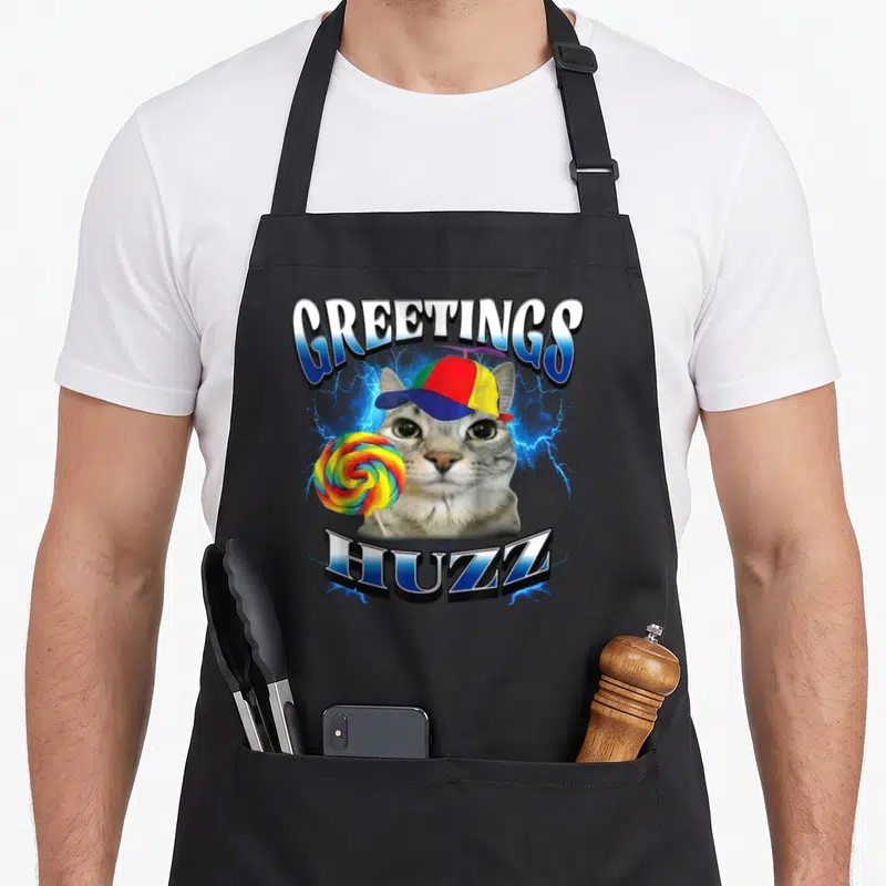 Greeting huzz cat apron - Cat wearing cap and holding rainbow lollipop with GREETINGS HUZZ text and blue lightning bolts — shown on a black cotton canvas apron against a white background