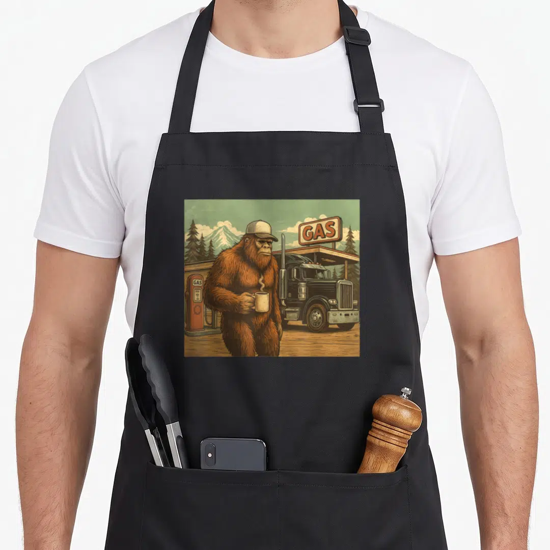 Distressed semi truck apron - Orangutan holding coffee mug at gas station with truck and GAS signs — shown on a black cotton canvas apron against a white background