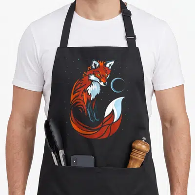 Tribal fox print apron - Stylized orange and red fox with light blue moon and scattered blue dots in cartoon style — shown on a black cotton canvas apron against a white background