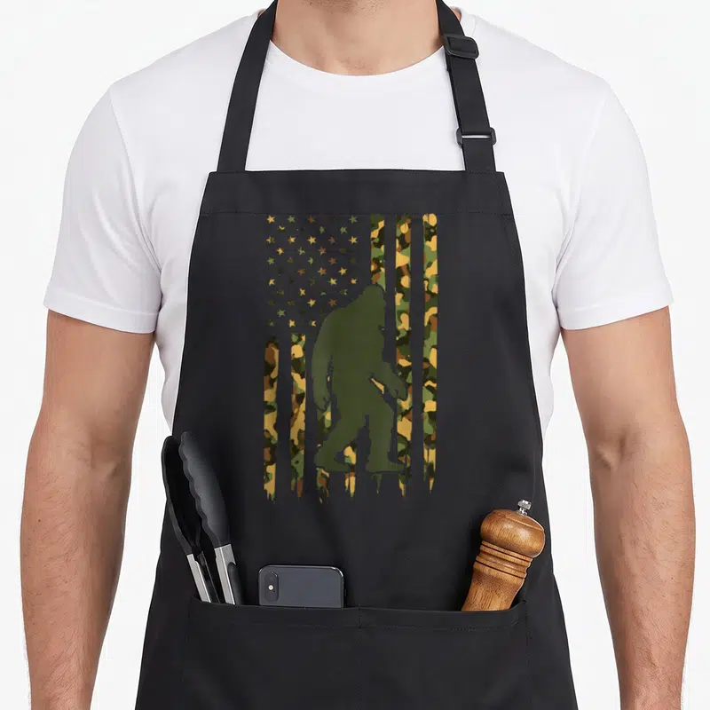 Foot camo aprons - Bigfoot silhouette against olive tan brown camouflage flag pattern with distressed texture — shown on a black cotton canvas apron against a white background