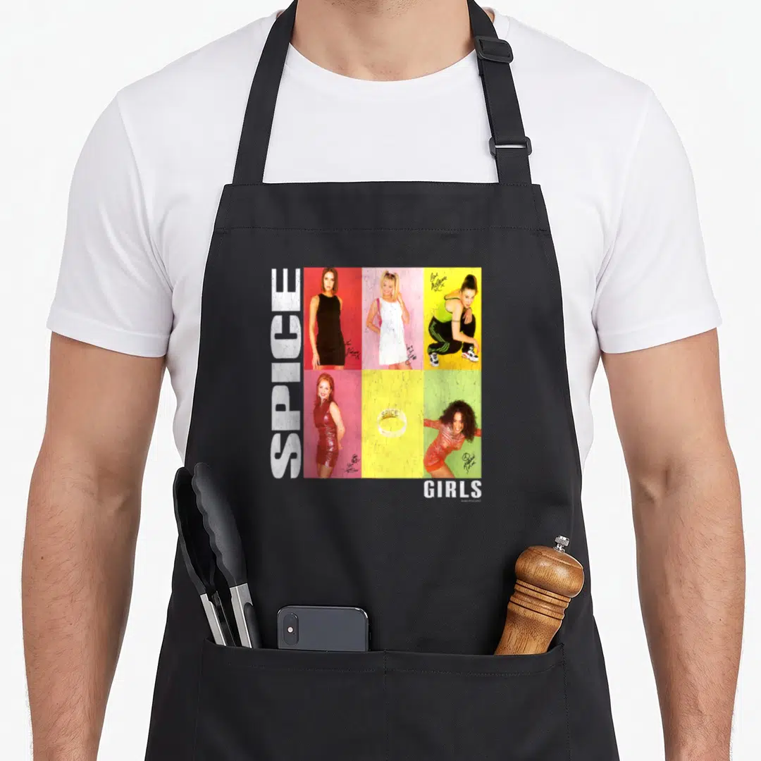 Signature spice apron - Five colored photo panels with vertical SPICE and horizontal GIRLS text in white — shown on a black cotton canvas apron against a white background