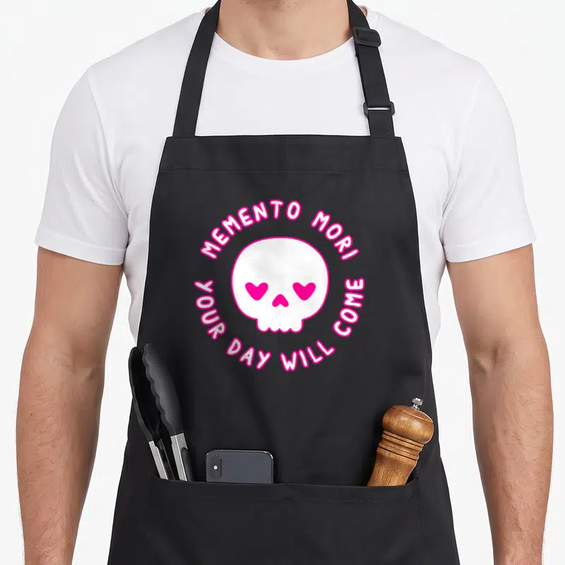 Memento goth apron - White skull with pink heart eyes and MEMENTO MORI text — shown on a black cotton canvas apron against a white background