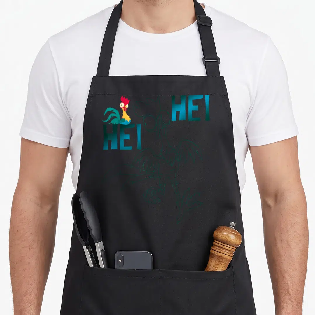 Hei outline of an apron - Blue outline rooster with small colored chicken and HEI text — shown on a black cotton canvas apron against a white background