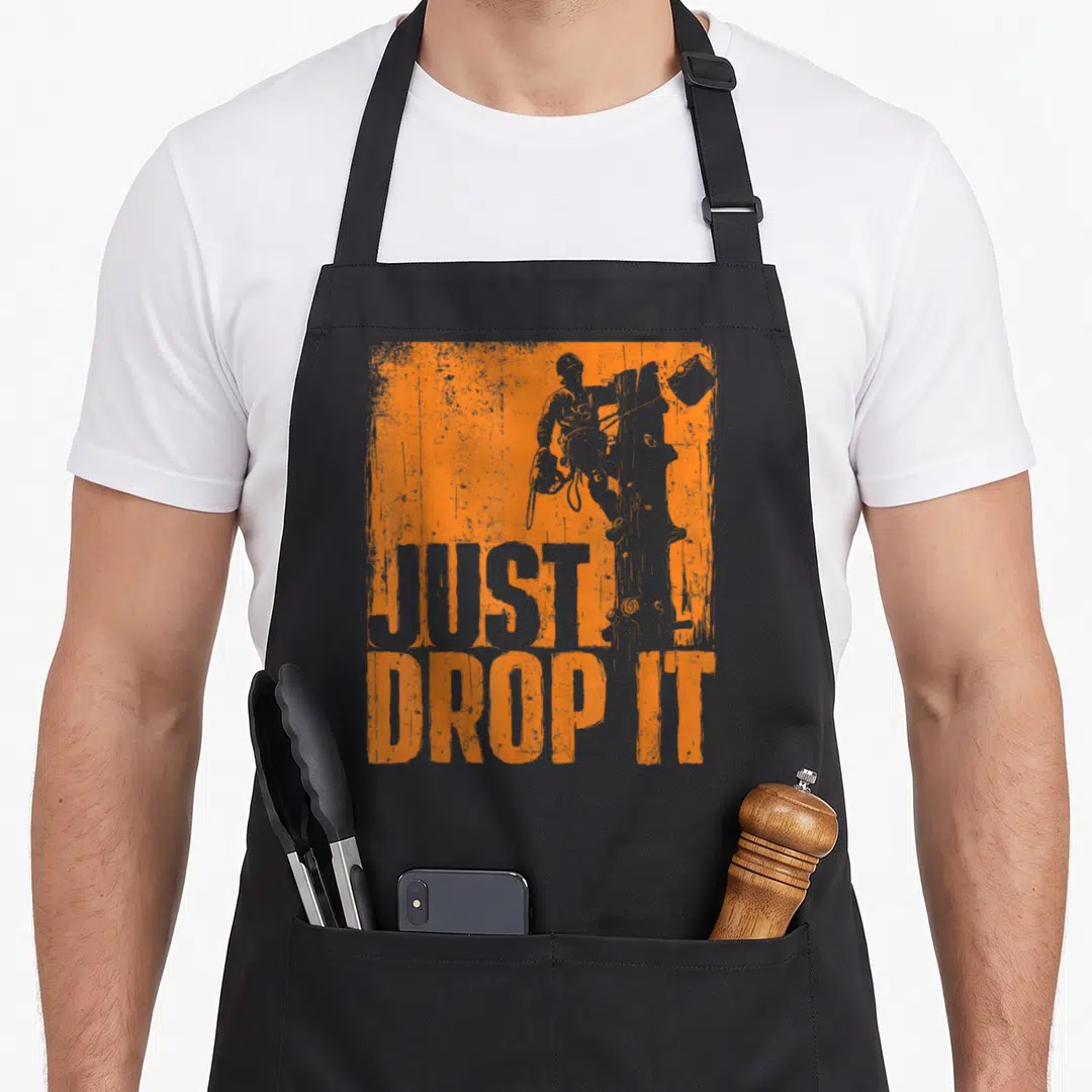 Drop surgeon apron - Grey person silhouette holding bucket with JUST DROP IT text on orange distressed background — shown on a black cotton canvas apron against a white background