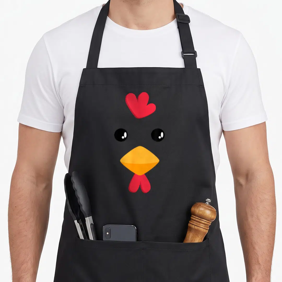 Halloween chicken apron - Cartoon chicken face with red comb, black eyes, orange beak, and red wattle on grey background — shown on a black cotton canvas apron against a white background