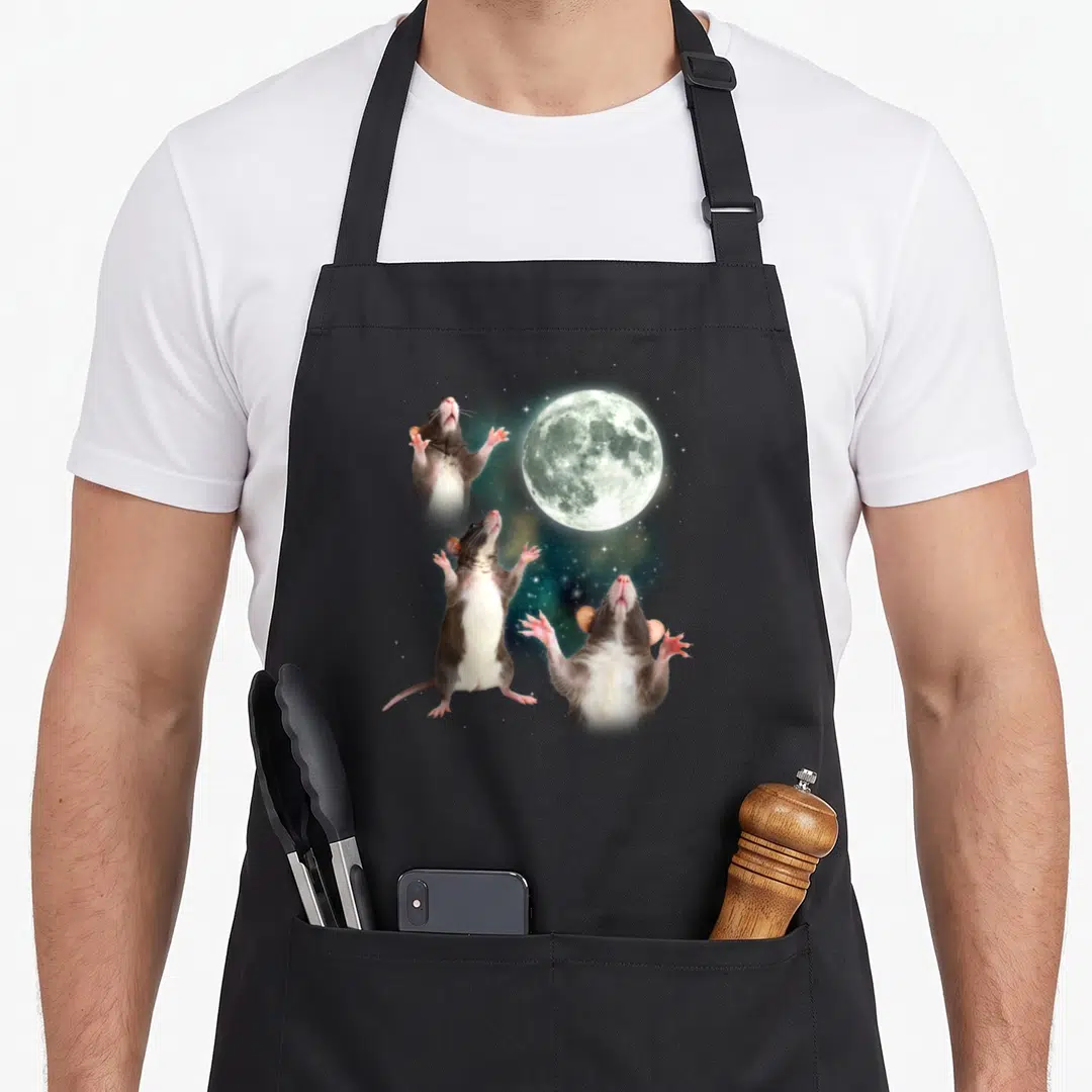 Three rat lover apron - Three rats looking up at a large moon with stars in brown, white, blue, and grey — shown on a black cotton canvas apron against a white background