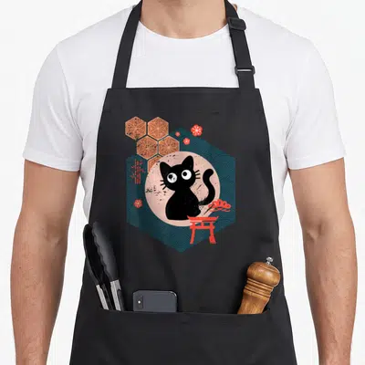 Lifestyle cat apron - Black cat in pink circle inside dark blue hexagon with red torii gate and blossoms — shown on a black cotton canvas apron against a white background