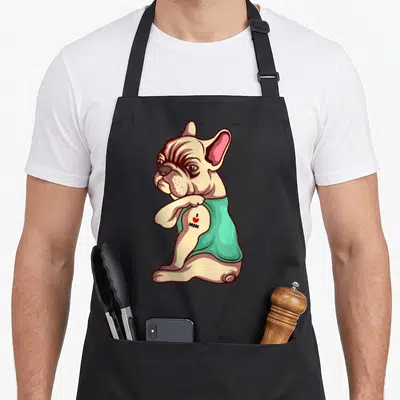 Tattoo french bulldog apron - Cartoon tan french bulldog in teal shirt with I MOM tattoo and red heart on arm — shown on a black cotton canvas apron against a white background