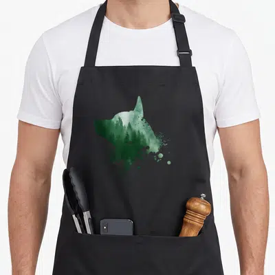 Silhouette dog kitchen apron - Dog head silhouette filled with green watercolor forest trees and paint splatters — shown on a black cotton canvas apron against a white background