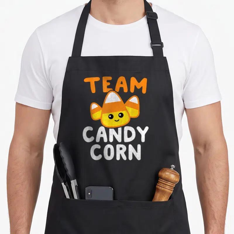 Candy funny halloween aprons - Cartoon team candy corn design with orange yellow white text and three sweet pieces — shown on a black cotton canvas apron against a white background