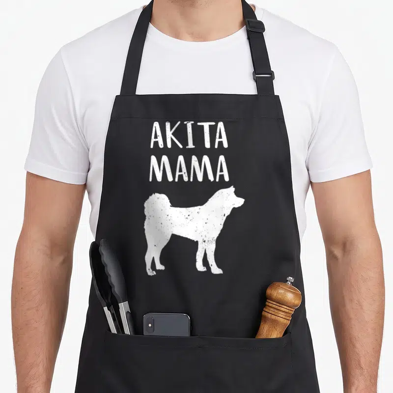 Pet inu dog apron - White distressed text reading AKITA MAMA above a standing dog silhouette — shown on a black cotton canvas apron against a white background