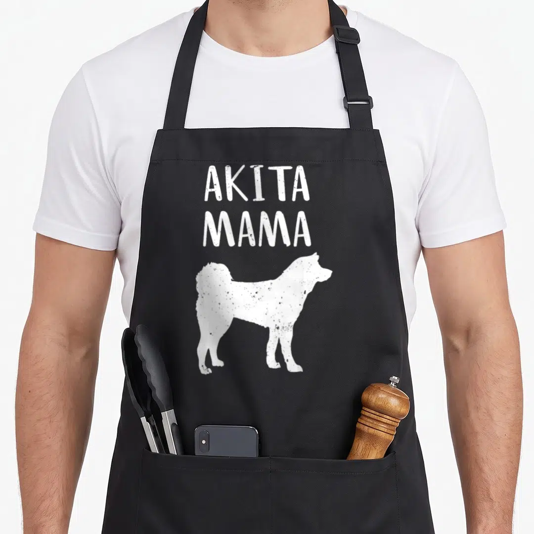 Pet inu dog apron - White distressed text reading AKITA MAMA above a standing dog silhouette — shown on a black cotton canvas apron against a white background