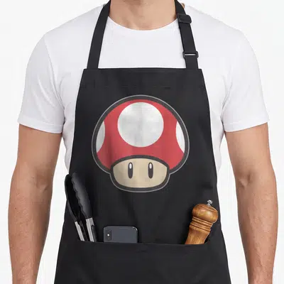 Power mushroom apron - Centered red and white cartoon mushroom with beige stem and black outlines — shown on a black cotton canvas apron against a white background