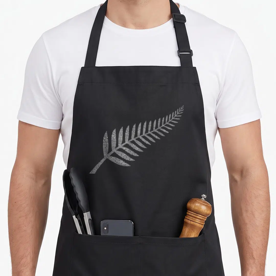 Slang new zealand apron - White text forming a fern shape using words like Kiwi, Bro, Man, Togs, Summer, Maori, Chur — shown on a black cotton canvas apron against a white background