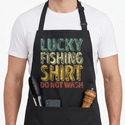 Lucky fisherman apron - Stacked distressed text reading LUCKY FISHING SHIRT DO NOT WASH in green yellow and red — shown on a black cotton canvas apron against a white background