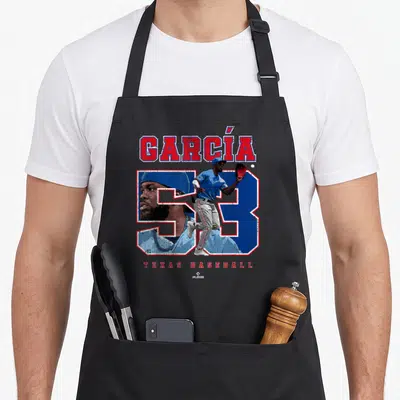 Number texas apron - Garcia 53 Texas Baseball distressed graphic with portrait and action shot — shown on a black cotton canvas apron against a white background