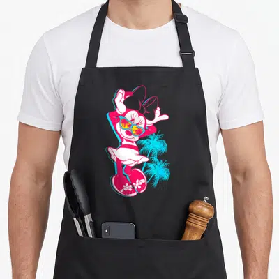 Neon crazy mouse lady apron - Pink Minnie Mouse in sunglasses with two cyan palm trees in cartoon style — shown on a black cotton canvas apron against a white background