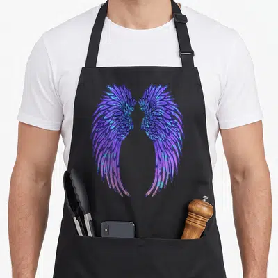 Wing angels and aprons - Two symmetrical purple blue and pink wings with distressed texture facing each other — shown on a black cotton canvas apron against a white background