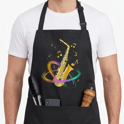 Musical jazz apron - Gold saxophone with floating notes and colorful swirling lines in orange purple blue and green — shown on a black cotton canvas apron against a white background