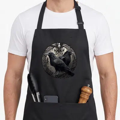 Muninn ravens aprons - Two black ravens, one with wing armor, against circular Celtic knotwork in grey and silver — shown on a black cotton canvas apron against a white background