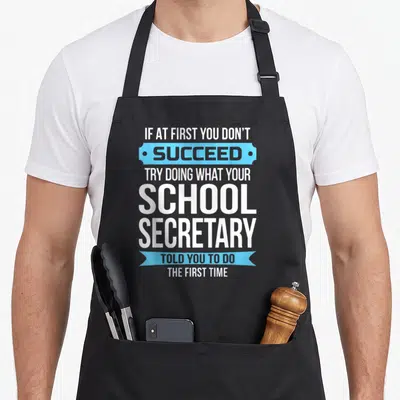 Secretary administrative apron - White and blue stacked text reading If At First You Don Succeed School Secretary Told — shown on a black cotton canvas apron against a white background