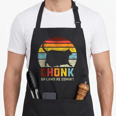 Chonk cat apron - Grey cat silhouette over red orange yellow blue striped semi-circle with stacked text CHONK OH LAWD — shown on a black cotton canvas apron against a white background