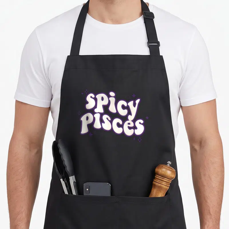Spicy birthday apron - Stacked SPICY PISCES bubble text in white and purple with scattered stars — shown on a black cotton canvas apron against a white background