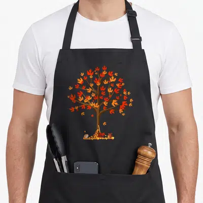 Tree fall aprons - Cartoon autumn tree with red and orange leaves, a rake, a hedgehog, and a squirrel at the base — shown on a black cotton canvas apron against a white background