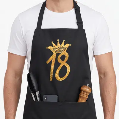 18th queen birthday apron - Gold glitter number 18 with crown and white birthday queen text — shown on a black cotton canvas apron against a white background