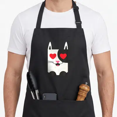 Kitty valentine's day apron - Cartoon cat face with red heart eyes, pink nose, and black paws on white background — shown on a black cotton canvas apron against a white background