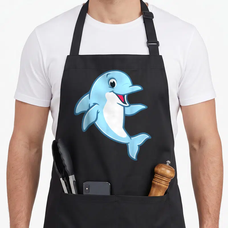 Dolphin apron for women - Cartoon light blue dolphin with white belly and dark outline on plain background — shown on a black cotton canvas apron against a white background