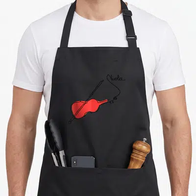 Viola line apron - Red viola silhouette with black one-line bow and script text Viola — shown on a black cotton canvas apron against a white background
