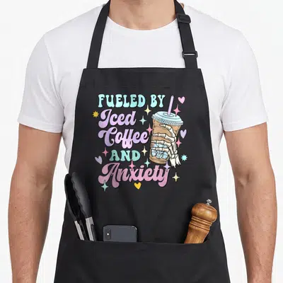 Iced coffee apron - Skeleton hand holding iced coffee cup with Fueled by Iced Coffee and Anxiety text in pastel colors — shown on a black cotton canvas apron against a white background