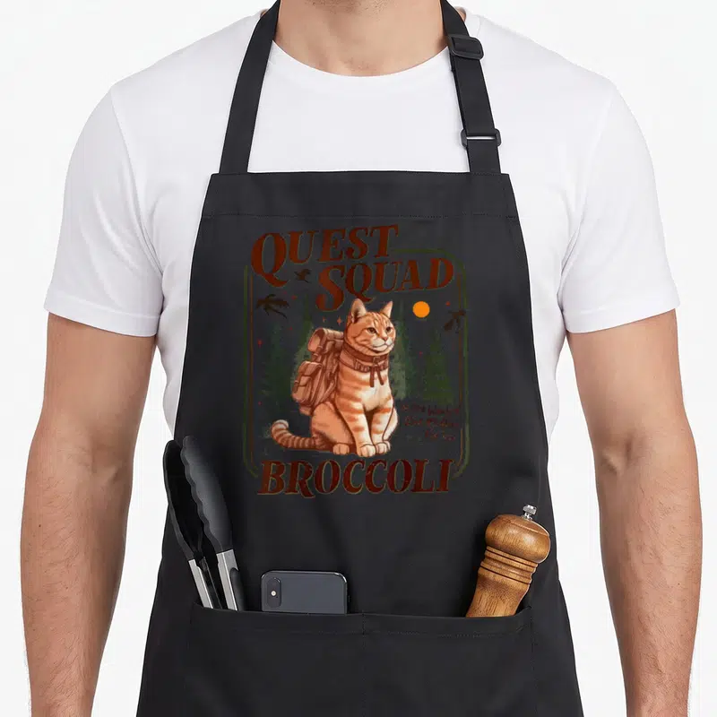 Squad cat apron - Retro orange cat with backpack surrounded by trees and dragon silhouettes with QUEST SQUAD BROCCOLI — shown on a black cotton canvas apron against a white background