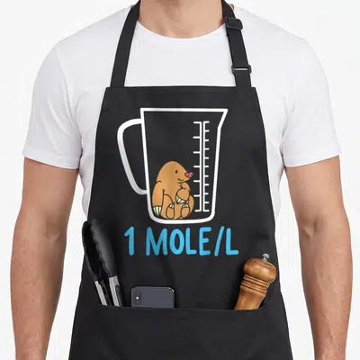 Apothecary chemistry apron - Brown cartoon mole in white outlined beaker with 1 MOLE/L text below — shown on a black cotton canvas apron against a white background