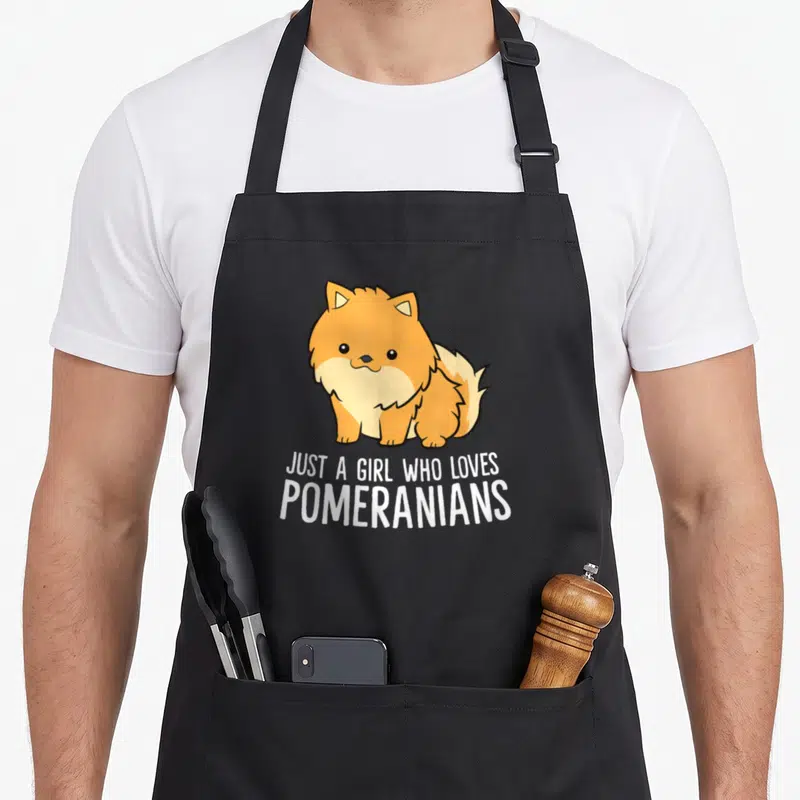 Pomeranian danish girl apron - Cartoon orange Pomeranian above white text JUST A GIRL WHO LOVES POMERANIANS — shown on a black cotton canvas apron against a white background