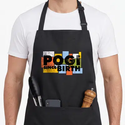 Pogi special edition apron - POGI SINCE BIRTH text over yellow blue red white and green rectangles — shown on a black cotton canvas apron against a white background