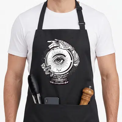 Psychic crystal apron - Black line art of henna hand holding crystal ball with an eye inside — shown on a black cotton canvas apron against a white background
