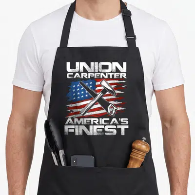 Carpenter union aprons - Distressed US flag with crossed hammer and saw, white text reading Union Carpenter America's — shown on a black cotton canvas apron against a white background