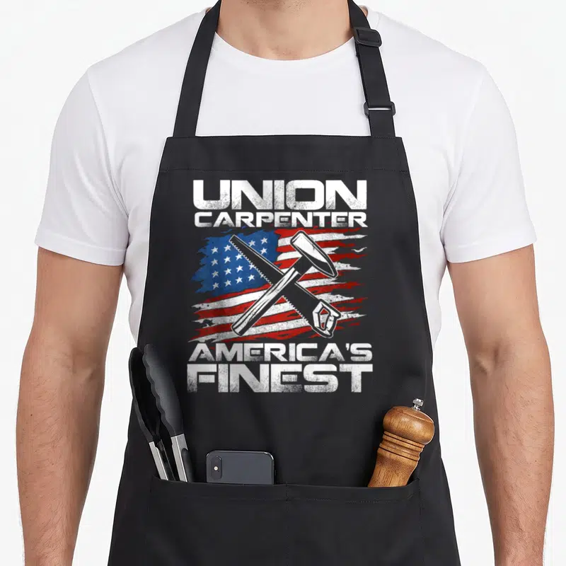 Carpenter union aprons - Distressed US flag with crossed hammer and saw, white text reading Union Carpenter America's — shown on a black cotton canvas apron against a white background