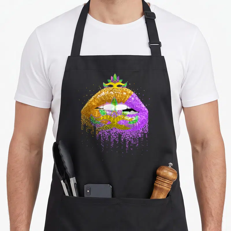 Masked mardi gras aprons - Gold and purple glitter lips with a crown and dripping effect in green and gold — shown on a black cotton canvas apron against a white background